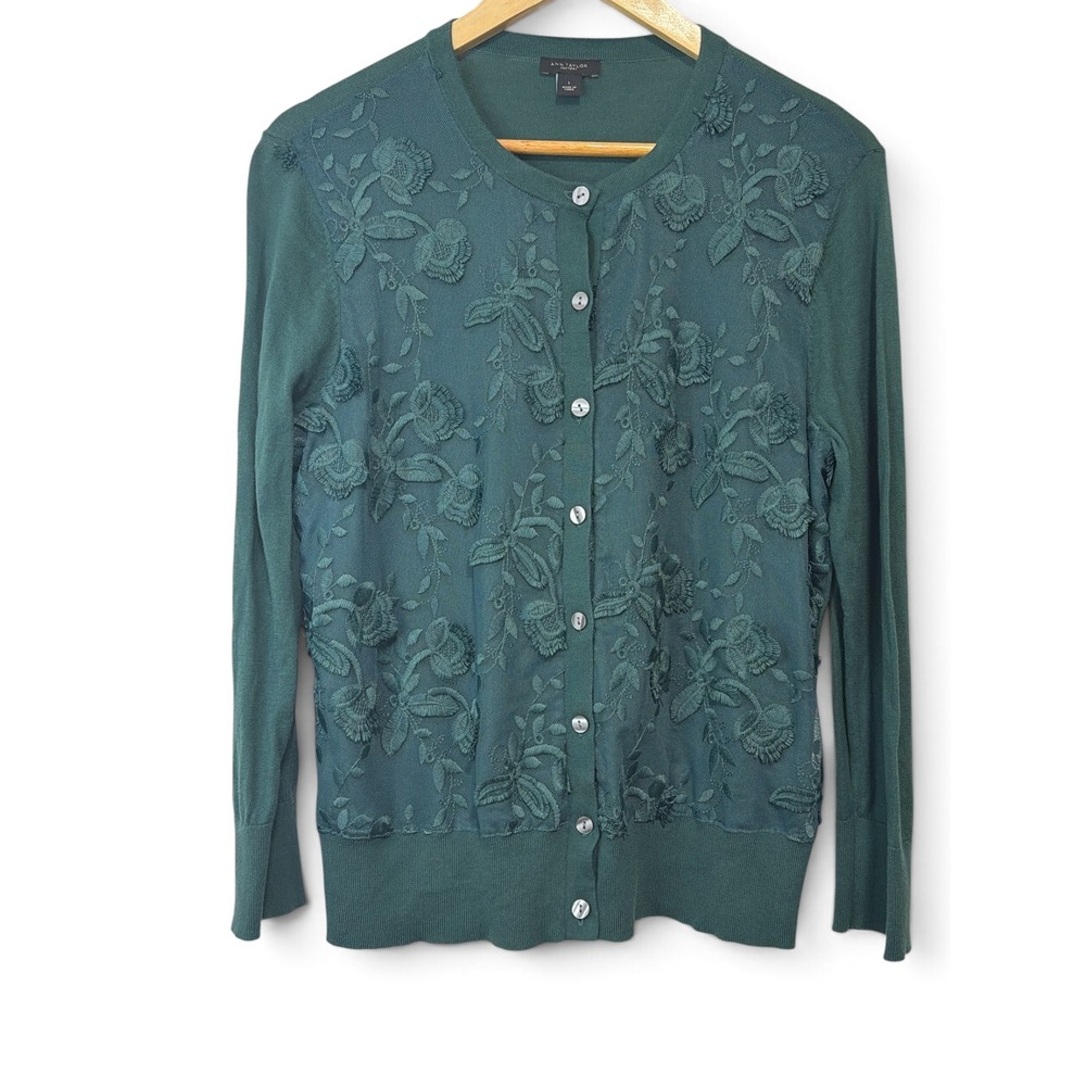 Ann Taylor Factory Teal Green Floral Embroidered Mesh Cardigan Sweater Large